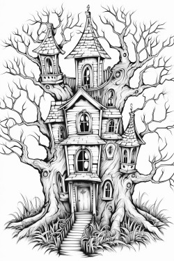 a haunted house with creepy trees