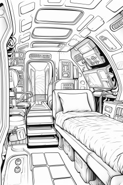 spaceship cabin bed screens desktop space futuristic detail