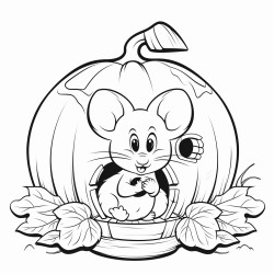 a pumpkin with a cutout showing the inside of a mouse house