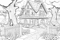 Magical forest at night with glowing firefliesCreate a charming farmhouse exterior with a picket fence, lush garden, and cozy porch swing, inviting colorists to add warmth and detail.
