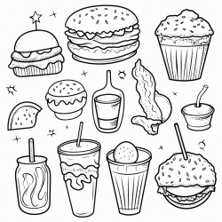 doodle of various food including cupcakes ice cream burger vegetables drink