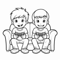 two young brothers playing video game at home