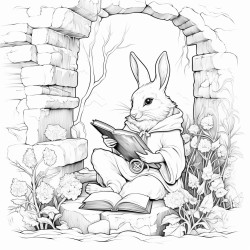 nature spirit reading a book next to a stone wall with a rabbit