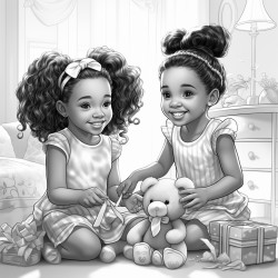 two little beautiful african american toddles with ponytails and bows playing with toys in a beautiful girly bedroom