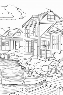 coastal town coloring page houses with tiled roofs cobbled street wooden dock fishing boats