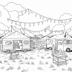 a festival in a field with market stalls food trucks and bunting