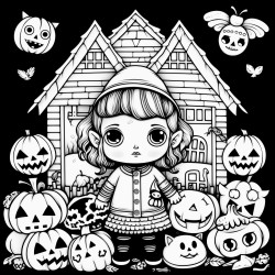 a coloring page doodle style for the spooky season for the girls with a cozy vibe