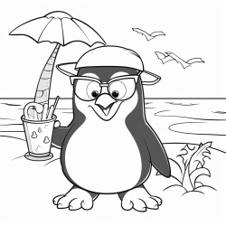 pinguin on the beach wearing sunglasses holding a cocktail in a sunbed