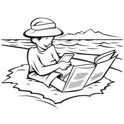 a cartoon of a man floating in the dead sea wearing a hat and reading a newspater