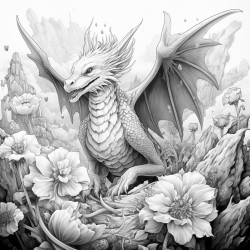 dragon flying up from a field of flowers