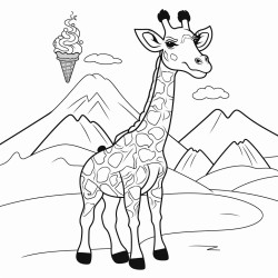giraffe eating an ice cream cone in front of a mountain
