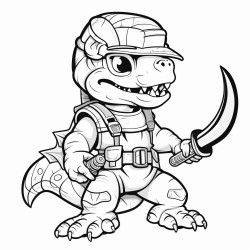 a dinosaur soldier wearing a helmet and wielding a sword
