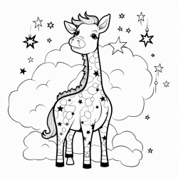 a giraffe with a galaxypatterned coat reaching for the stars