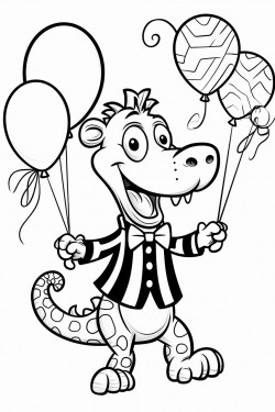 an alligator holding balloons dancing with a zebra at a tea party