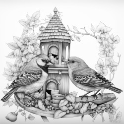 singing bluebirds drink freshly brewed coffee at a breakfast table in a forested magical woodland near their nest