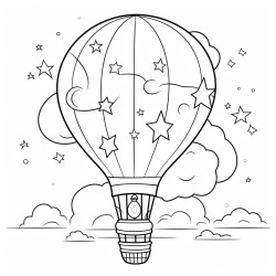 minimalistic design air balloon in sky view from window stars night theme