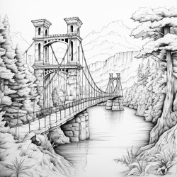 suspension bridge and the river at the forest