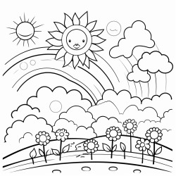 design a blackandwhite line art image of a sunshine days easy and fun scenes with sunflowers rainbows and clear skies