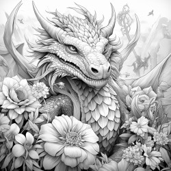 dragon flying up from a field of flowers