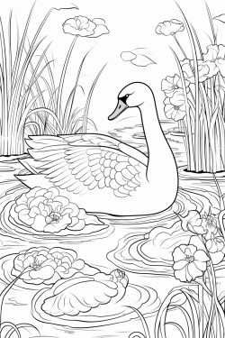 a swan gliding serenely across a peaceful pond surrounded by intricate lily pads and dragonflies