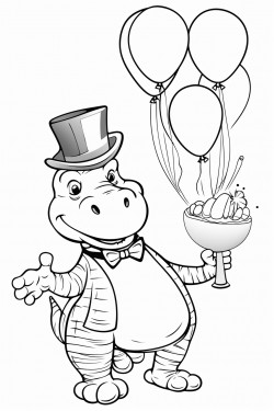 a dancing alligator holding balloons with a dancing zebra at a tea party in a simple coloring book style with low detail
