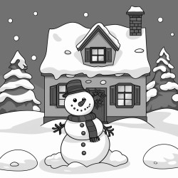 a house covered in snow and a snow man on the lawn