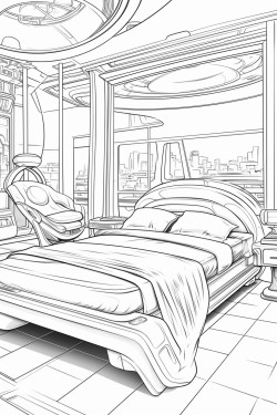 expensive futuristic hotel room from the future with a bed and windows