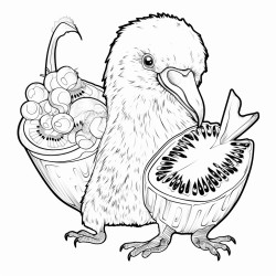 create a ice cream with two scoops with sharp teeth and arms and legs eating a kiwi with arms and legs