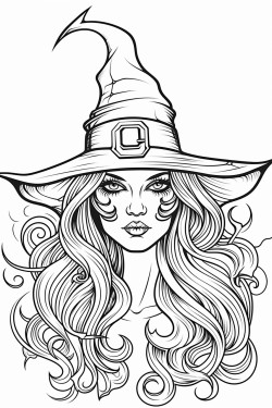 outline art for cute halloween coloring page with witch white background sketch style