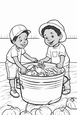 little black boys playing with a big lifesize crawfish that is standing in a boiling pot in the front of a home