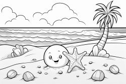 snowman on a deserted island with starfish eyes and a coral noes and seashell buttons