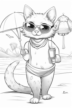 cute cat girl on beach in sunsine having  a shake in a bold pose