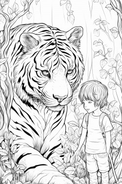playing boy with tiger in dark forest