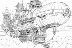 steampunk airship in the sky