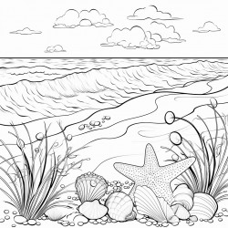 ocean calm  a beach scene with gentle waves and seashells on the shore