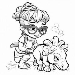 a little mixed girl with glasses with a puff ponytail playing with an ankylosaurus