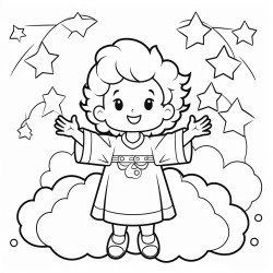 god with his hands extended creating light standing on clouds in a kawaii style drawing