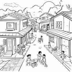 a peaceful colorful village with traditional houses a school and children playing in the streets thoda cartoon type