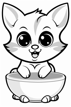 a small cat wit big ears inside a bowl of milk flowing on the floor