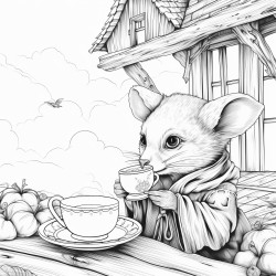 cottage core ghost drinking tea with a mouse