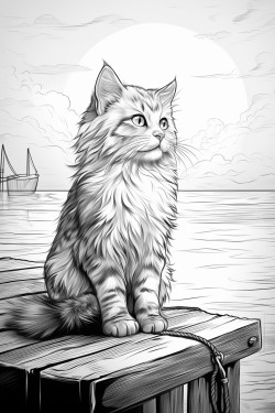 a cat sitting on a dock at sunset fishing with a fishing pole the fish in the water are glowing and the sky looks like the sun is setting
