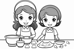 mother and daughter baking together  mixing ingredients and rolling dough