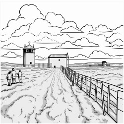 prison in an empty field with clouds above and prisoners working