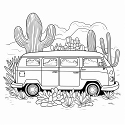a van surrounded by cactus trees