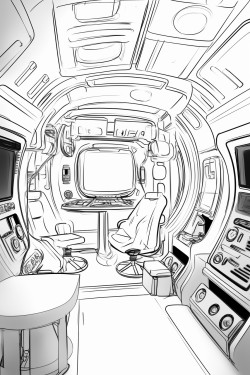 futuristic space ship cabin with bed and with screens with desk space futuristic detail