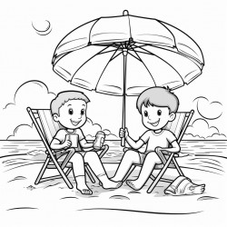 kids at the beach with their supplies by their chair under a umbrella