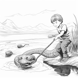 a boy getting a snake out of a lake with a rake