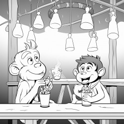 baboons swinging from the lights grabbing food from the tables customers look scared and surprised
