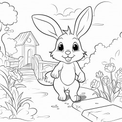 a rabbit walking in a pathway outline lineart coloring book 2d cartoon character
