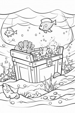 a treasure locked deep in ocean with few fishes in the background
